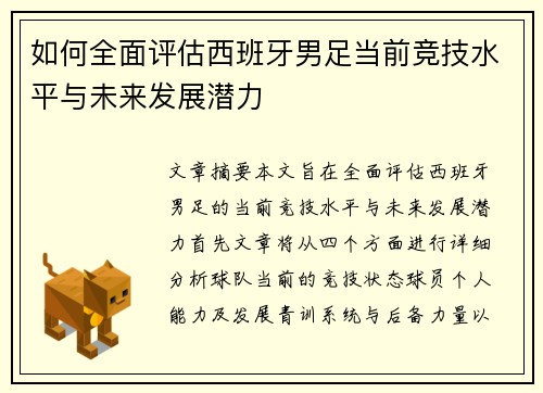 如何全面评估西班牙男足当前竞技水平与未来发展潜力